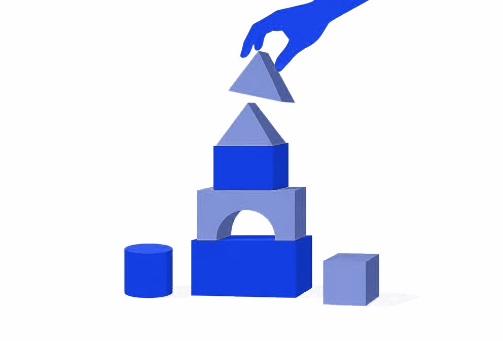 Abstract editorial illustration of a venture being assembled